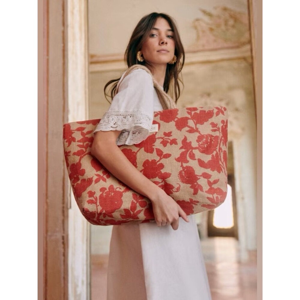 Sezane Jute Large Tote in Red Garden Flowers NWT
